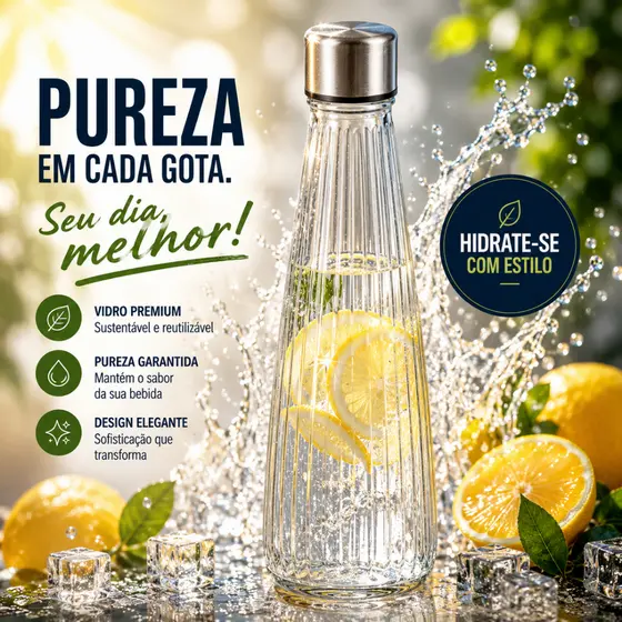 Garrafa de Vidro Riviera 750ml com Tampa Inox Estilo Bistrô Frisada Água Suco Restaurante Cozinha