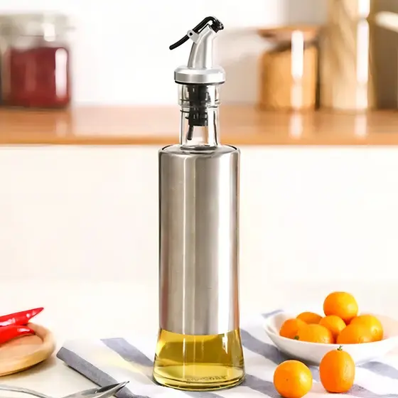 Galheteiro 300ml Azeite Vinagre Óleo em Vidro e Aço Inox com Bico Dosador Antivazamento