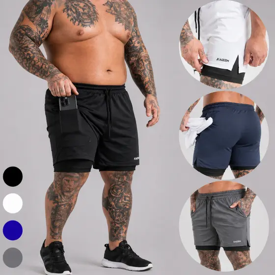 Bermuda academia e corrida 2 em 1 PLUS SIZE masculino lisa shorts camada dupla com compressão