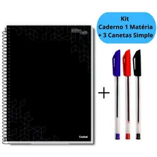 Kit Caderno Universitário 1 Matéria Preto Rosa + 3 Canetas Simple Escolar