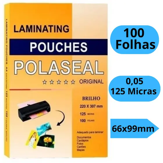 Plástico Para Plastificação Polaseal 100 Folhas 0,05 66x99mm Para CPF Título Com Brilho 125 Micras