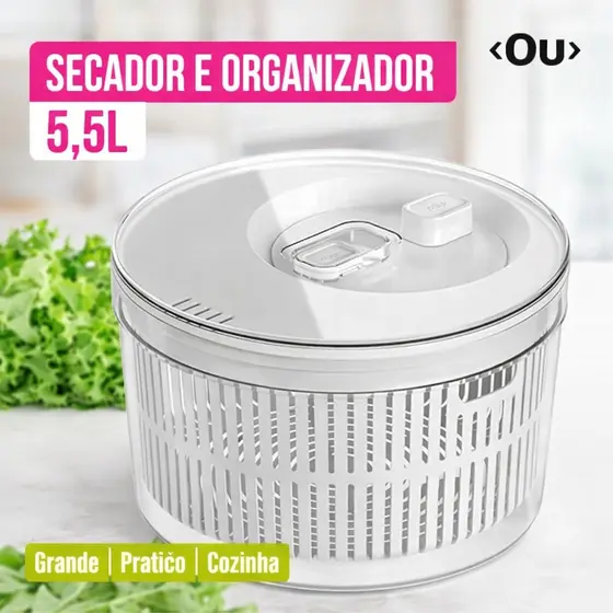 Secador de Salada 5.5L Organizador Geladeira Manual Folhas Giratório Legumes Verdura Alface Alimento