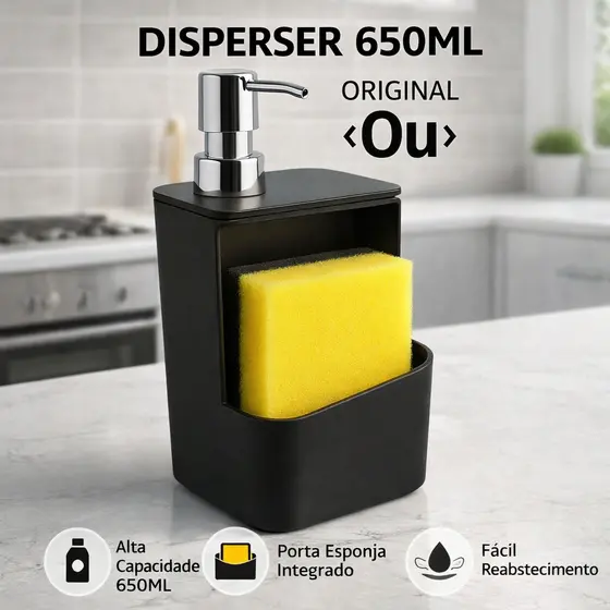 Dispenser Detergente 650ml Preto Pia Dosador Suporte Esponja Bucha Organizador Cozinha Original