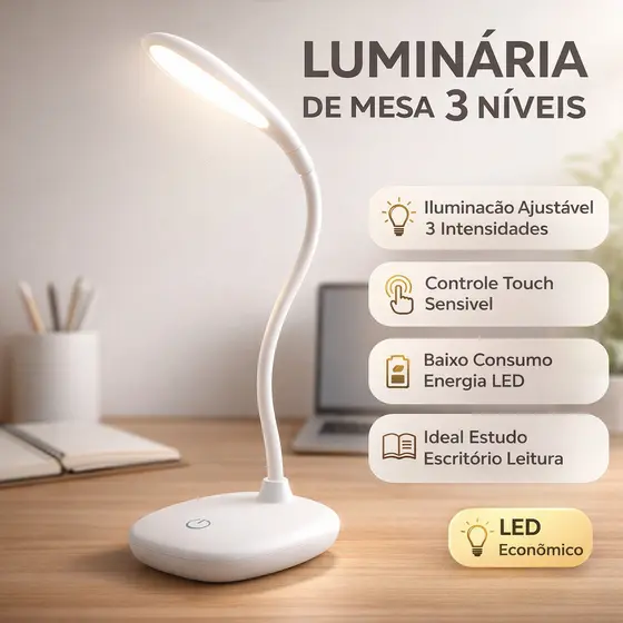 Luminaria Mesa LED Recarregavel USB Abajur Flexivel 3 Niveis Luz 14 LEDs Ajustavel Portatil