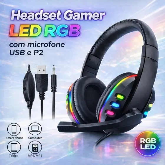 Headset Gamer RGB com Microfone USB e P2 para PC Computador Videogame Headphone