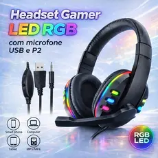 Headset Gamer RGB com Microfone USB e P2 para PC Computador Videogame Headphone