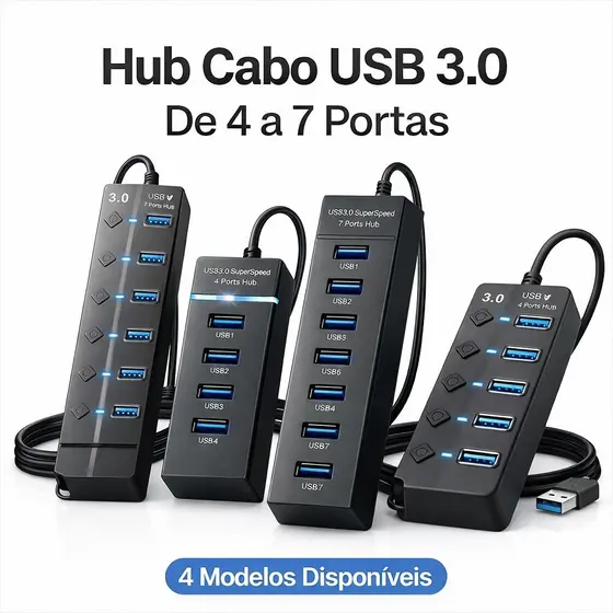 Hub USB 3.0 4 ou 7 Portas 5Gbps Extensor USB Adaptador Para Notebook PC Pendrive