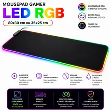 Mouse Pad Gamer LED RGB 80x30 Grande Iluminado 11 Modos Efeitos Antiderrapante Setup Gamer
