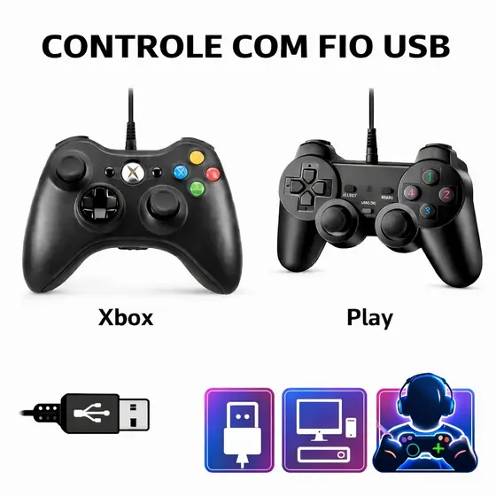 Controle Xbox 360 Ou Play e PC Com Fio USB – Joystick Gamer Compatível Windows / Plug & Play
