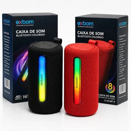Caixa Som Bluetooth Exbom M33BT 30W RMS Portatil LED RGB FM MP3 Player Potente Som 3D