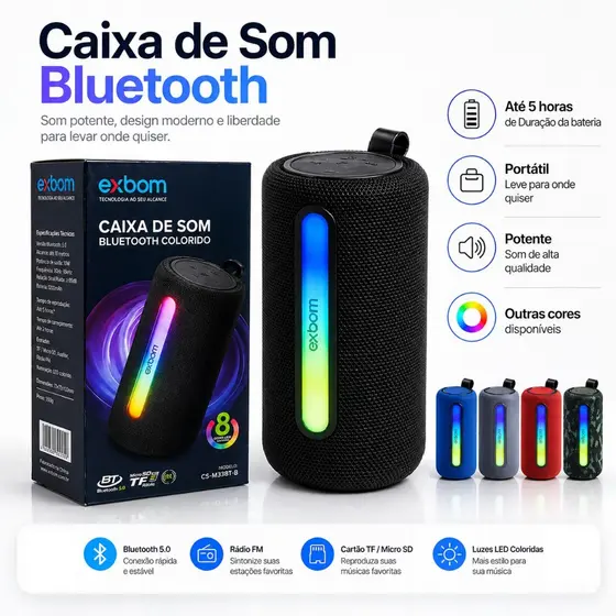 Caixa Som Bluetooth Portatil Exbom 31BTL 33BTL LED RGB 15W 30W Potente FM USB P2 Som 3D