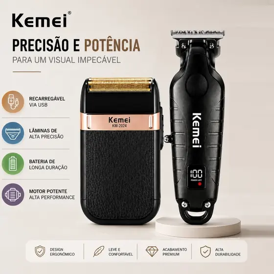 Kit Maquininha Profissional Kemei 2293 + Shaver 2024 USB Recarregável Corte Cabelo Barba Barbeiro