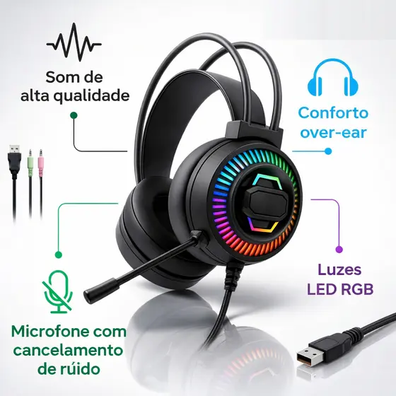 Headset Gamer Com Microfone Fone de Ouvido Estéreo LED Confortável PC PS4 PS5 Xbox Celular