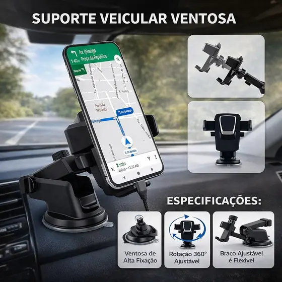 Suporte Veicular Universal Celular e GPS Trava Automática 360° Ajustável Ventosa Silicone Para Carro