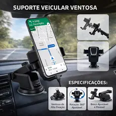 Suporte Veicular Universal Celular e GPS Trava Automática 360° Ajustável Ventosa Silicone Para Carro