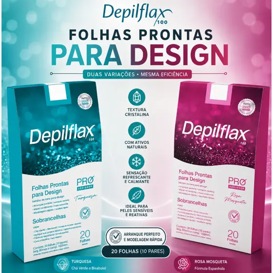 Folhas Prontas Design de Sobrancelhas Depilflax 1 Caixa ou 2 Caixas | Turquesa ou Rosa Mosqueta