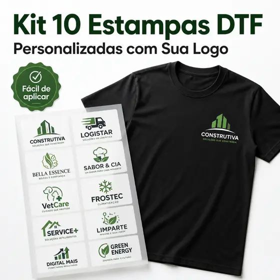 Kit 10 Estampas DTF Personalizadas Logo Empresa Uniforme Camiseta