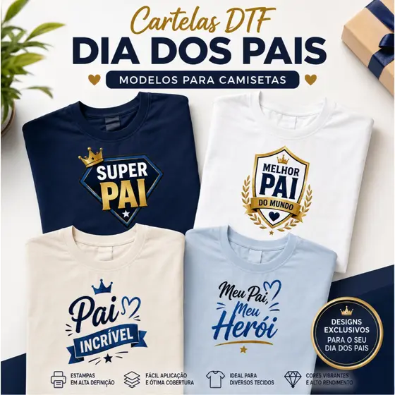 Aplique DTF Dia dos Pais Cartela A4 A3 Termocolante para Roupa Camiseta Body Toalhinha Presente Personalizado