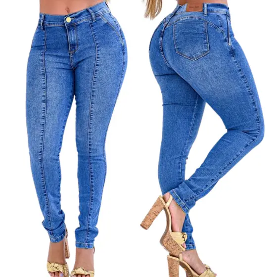 Calça Skinny Jeans Feminina Com Lycra Cintura Alta Bolso Faca