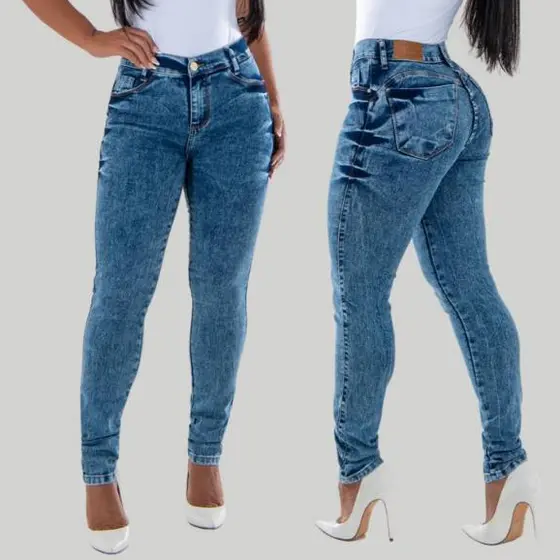 Calça Jeans Feminina Com Lycra Modelo Skinny Lavagem Moderna Casual Cintura Alta Empina Bumbum