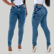 Calça Jeans Feminina Com Lycra Modelo Skinny Lavagem Moderna Casual Cintura Alta Empina Bumbum