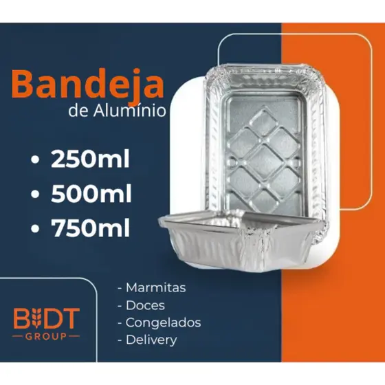 Bandeja Marmita Retangular de Alumínio C/ Tampa de Papelão Laminado 100Uni 250ml/500ml/750ml Quentex