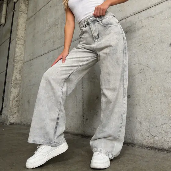 Calça Jeans Balão Feminina E Femininos Boca Larga Preto Estonado Wide Leg