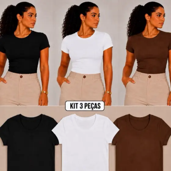 Kit 3 Blusas Femininas Blusa Baby Tee Feminina Academia Gola Redonda Malha Romantic Alta Elasticidade