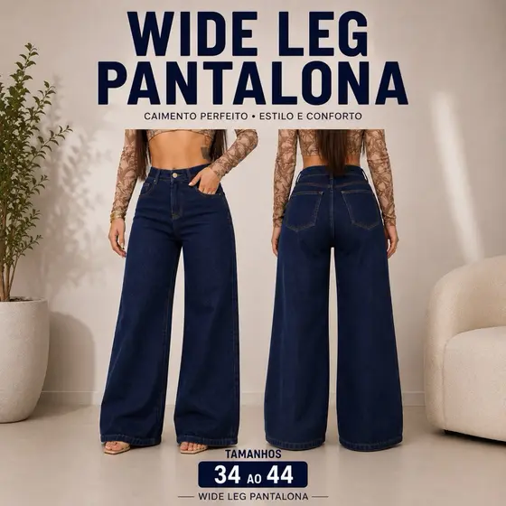 Calça Jeans Wide Leg Feminina Pantalona Cintura Alta Premium Moda Tendência Tam 34 ao 44