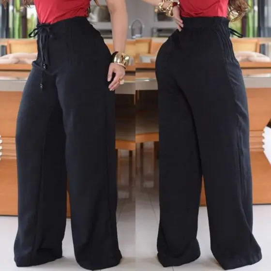 Calça Pantalona Feminina Linhão Branca Zíper Frontal Elástico Atrás Social Casual