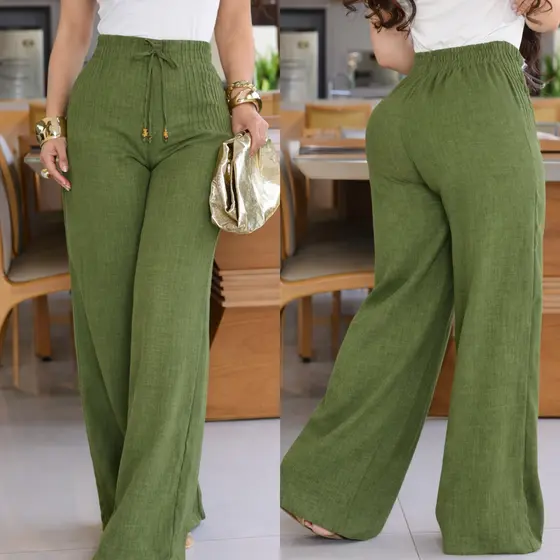 Calça Pantalona Feminina Branca Linhão Cintura Alta Elástico e Zíper