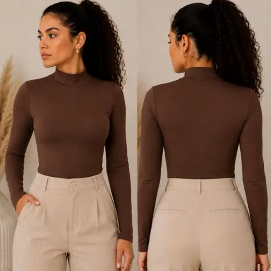 Blusa Manga Longa Malha Romantic Premium Gola Redonda P ao GG Alta Elasticidade