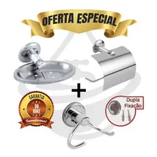 Kit Acessórios 3 Peças Inox Banheiro Com Saboneteira Porta Papel Higiênico e Porta Toalhas Cromado