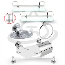 Kit Acessórios Banheiro 7 Peças Inox + 2 Porta Shampoo Reto Vidro Incolor Temperado Completo Organizador Box