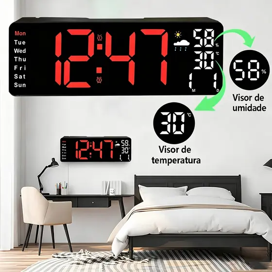 Relógio De Parede Moderno Digital Com Tela Grande LED Colorido Para Despertador Alarme Temperatura