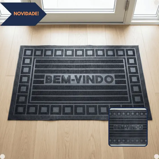 Capacho Borracha 60x40cm Antiderrapante Bem-Vindo Cubos Hexágono Quadrados