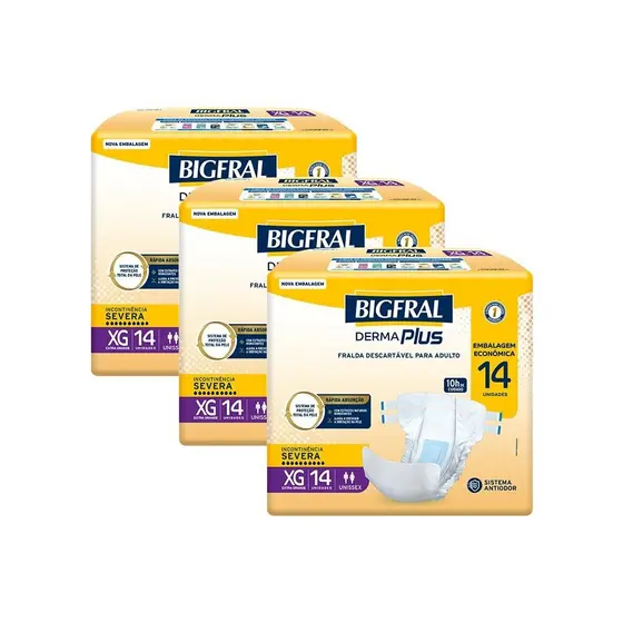 Kit 3 Fraldas Geriátricas Bigfral Derma Plus XG com 14un cada