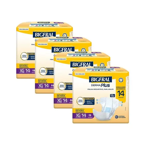Kit 4 Fraldas Geriátricas Bigfral Derma Plus XG com 14un cada