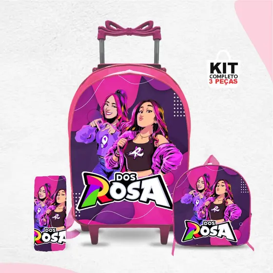 kit mochila escolar dos Rosas com lancheira e Estojo - Carrinho com Rodinhas - Menina- feminino