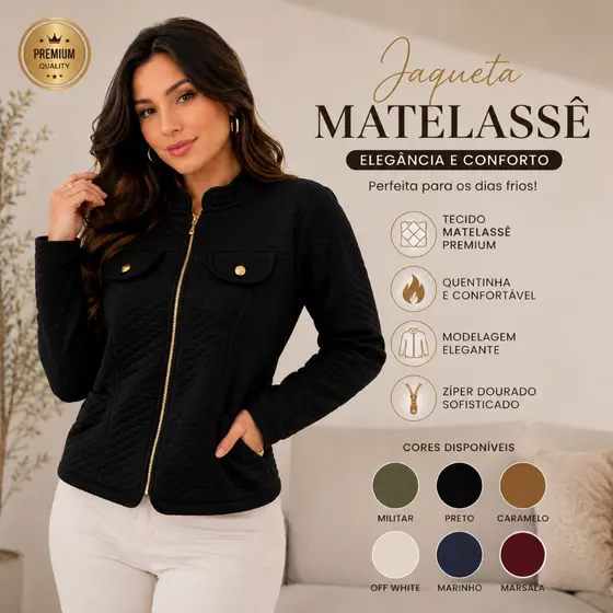 Jaqueta Bomber Feminina Matelassê Premium Zíper Dourado Inverno Elegante