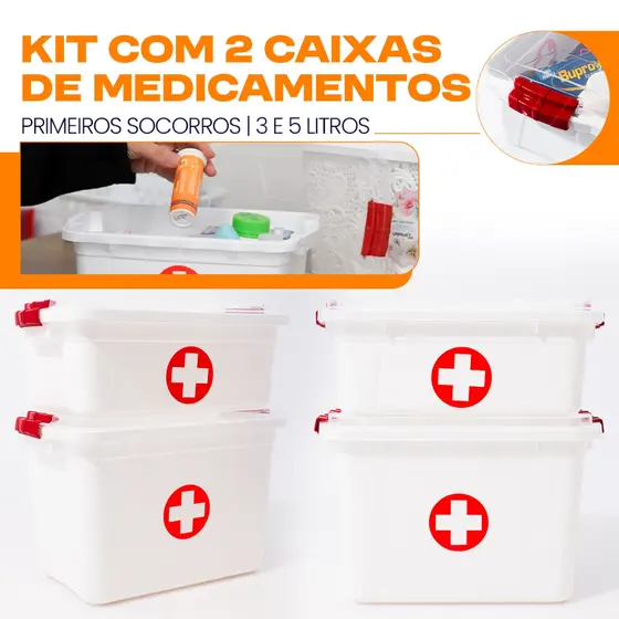 Kit com 2 Caixas de Medicamentos Primeiros Socorros com Tampa e Travas 3 e 5 Litros Uninjet