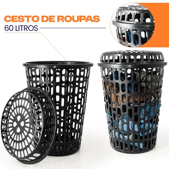 Cesto de Roupas 60 Litros Telado Redondo Com Tampa