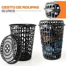 Cesto de Roupas 60 Litros Telado Redondo Com Tampa