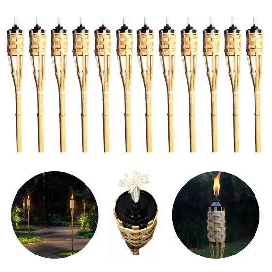 Kit 12 Tochas De Bambu Para Luau Iluminação Decoração Jardim Tocha 120cm