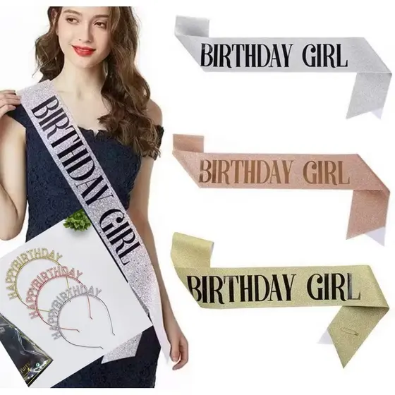 faixa e tiara com Gliter feliz aniversário birthday girl/birthday queen dourada prata rose festa niver