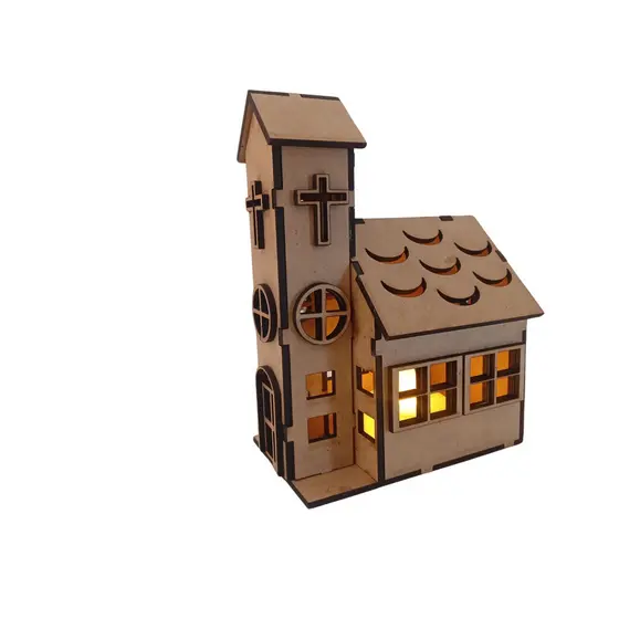 Igreja em mdf com  e sem luz led, maquete luminaria 12x10cm diorama