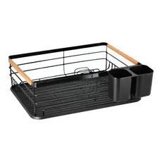 Escorredor De Bancada Para Pratos Em Ferro E Madeira 42x30cm Rack Preto Escorredor Organizador