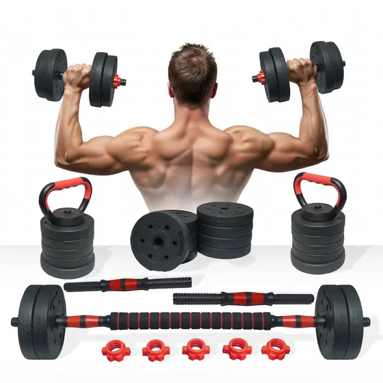 Kit Treino Funcional 10/15/20kg Halteres Barra Supino Kettlebell Preto