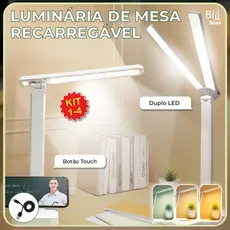 Luminária de Mesa Abajur Led Recarregável Portátil USB Duplo Led Botão Touch 3 Tons Luz Bivolt