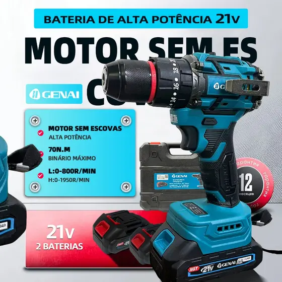 Brushless 3/8" Parafusadeira Furadeira Impacto 21V 02 Baterias + Maleta